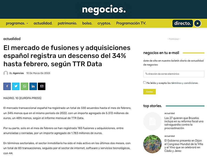 El mercado de fusiones y adquisiciones espaol registra un descenso del 34% hasta febrero, segn TTR Data